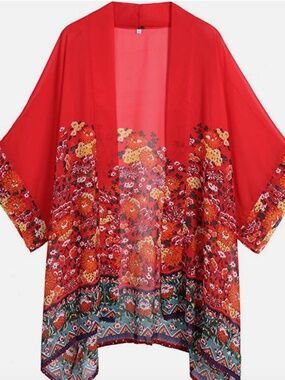 OLRAIN NWT Coral-Red Floral Boho Kimono Cardigan | Sheer Beach Cover-Up
